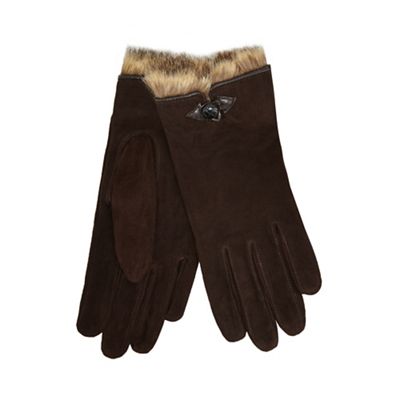 Dark brown faux fur trim suede gloves